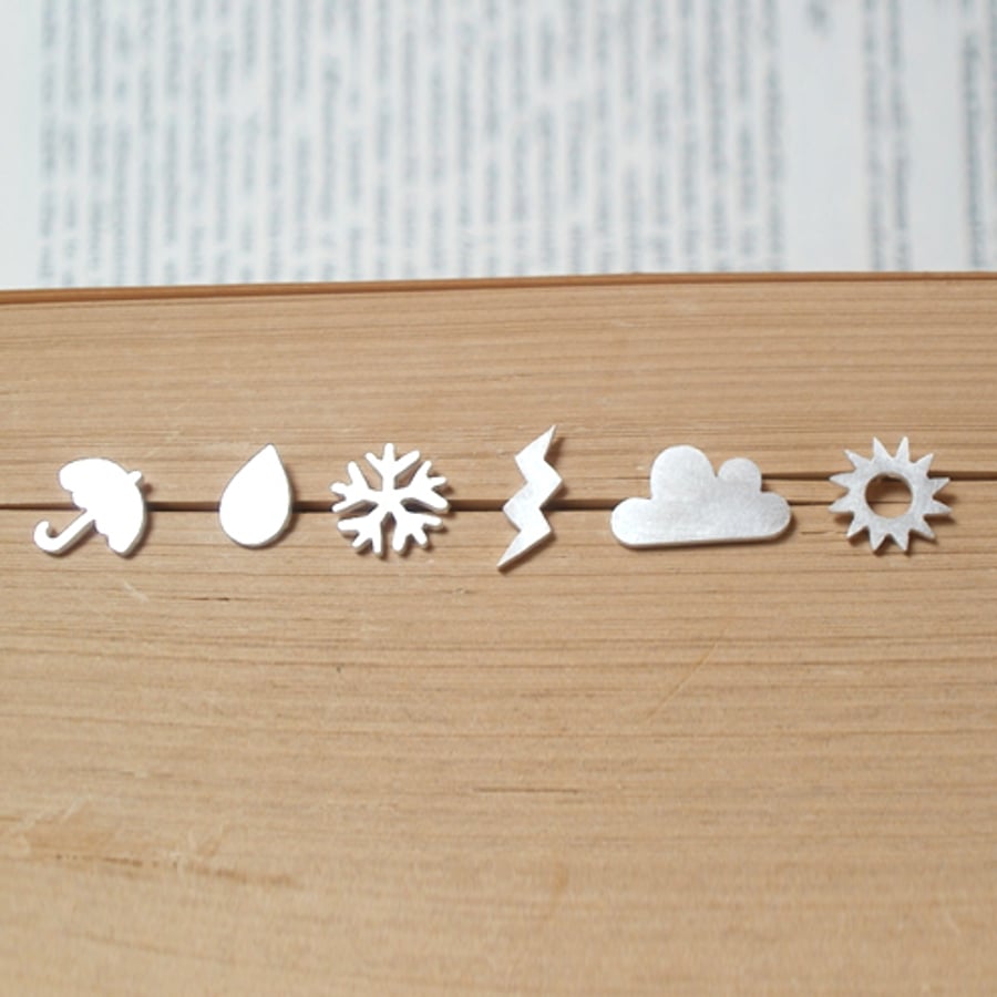 sterling silver weather forecast ear studs (set of 6 ear studs), handmade in Eng