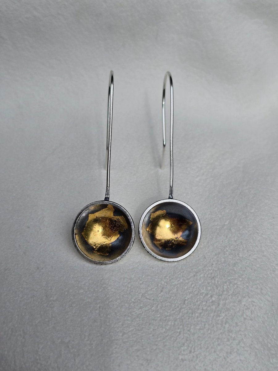 Sterling Silver domed Keum Boo disks Drop Earrings