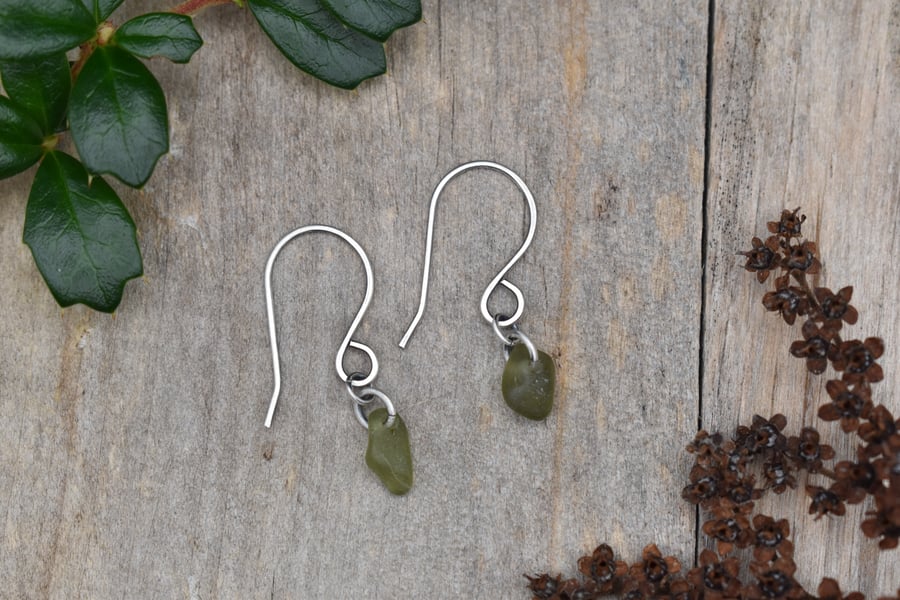 Scottish Sea Glass and Recycled Sterling Silver Everyday Earrings, Olive Green
