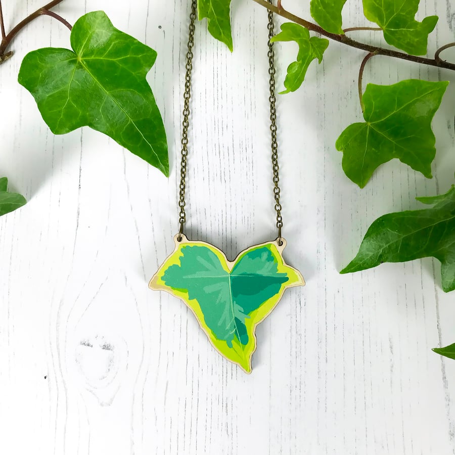 Small Ivy Illustration Wooden Statement Necklace