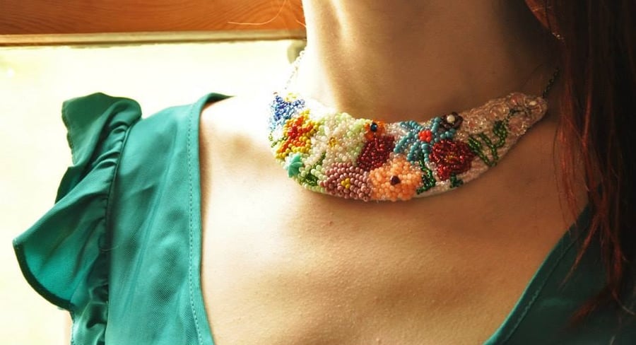 Flower necklace, Beadwork, Bridal jewelry, Bead necklace, Unique necklace, OOAK