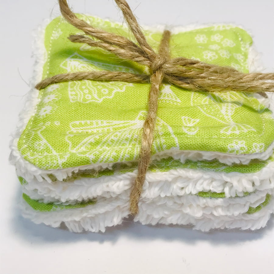 Reusable Face wipes - washable cleansing pads in lime green sea themed fabric