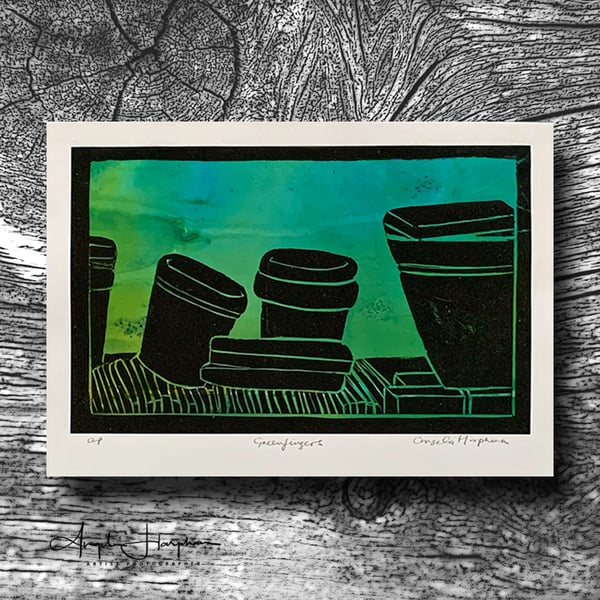 Original Lino Print of Plant Pots with Hand Coloured Green Background