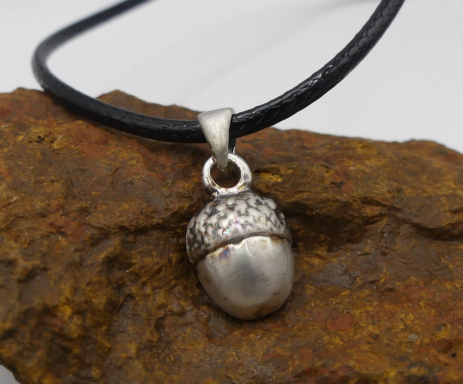 Recycled Sterling Silver Real Acorn Mould Pendant Waxed Cotton Cord Necklace.
