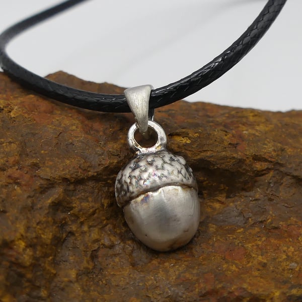 Recycled Sterling Silver Real Acorn Mould Pendant Waxed Cotton Cord Necklace.