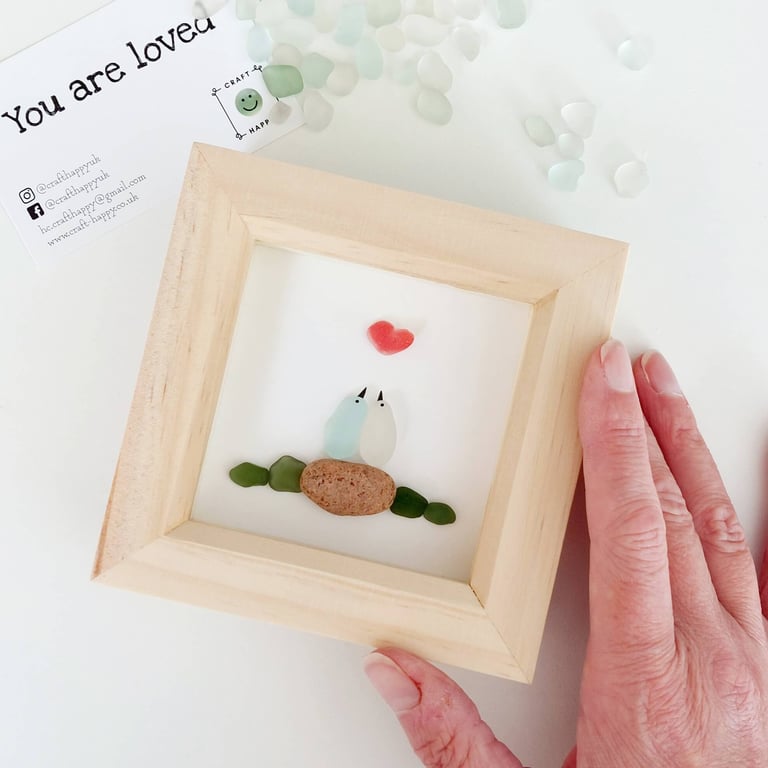 Sea Glass Art - Framed Beach Glass Lovebirds Picture, Engagement, Wedding Gift