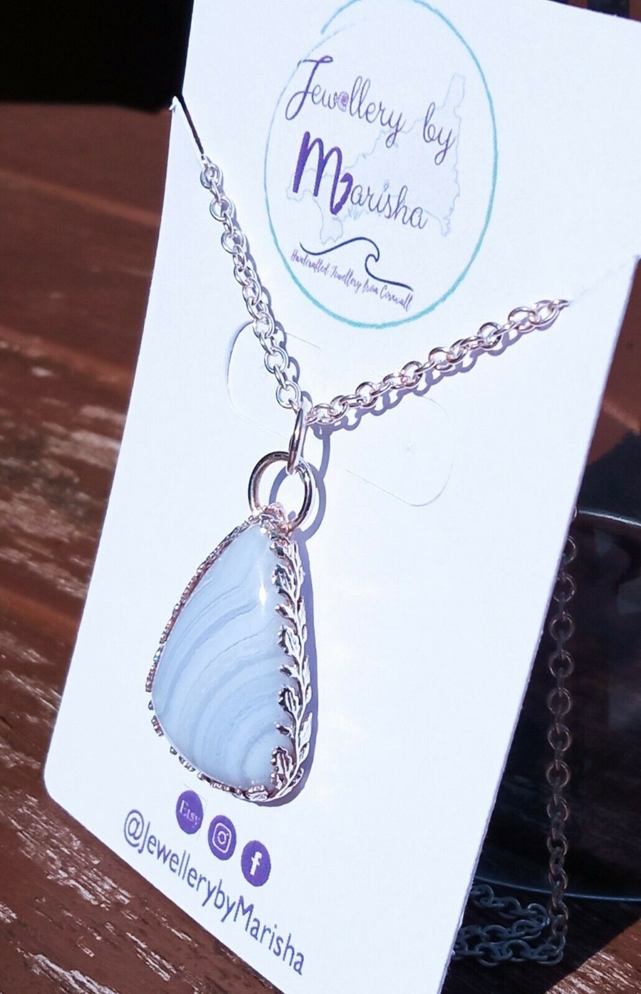 Blue Lace Agate Teardrop Pendant set with Sterling Silver Leaves on 925 Necklace