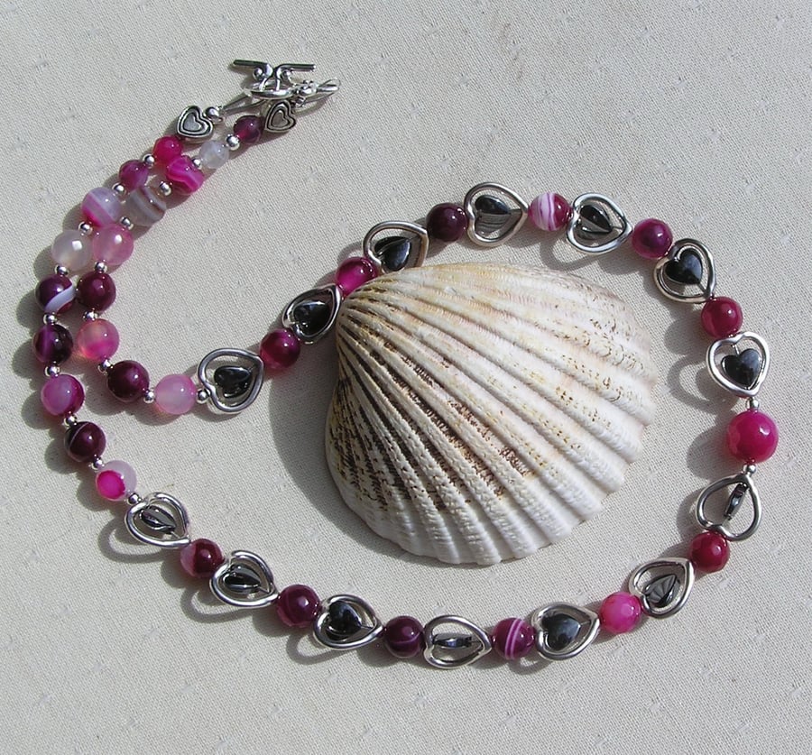 Magenta Agate & Black Hematite Gemstone Silver Heart Beaded Necklace