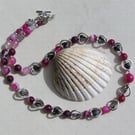 Magenta Agate & Black Hematite Gemstone Silver Heart Beaded Necklace