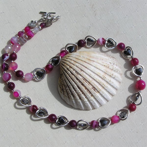 Magenta Agate & Black Hematite Gemstone Silver Heart Beaded Necklace