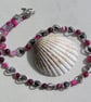 Magenta Agate & Black Hematite Gemstone Silver Heart Beaded Necklace