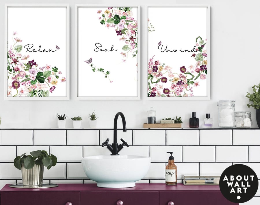 Spa Bathroom Art, Botanical Bathroom, Plant Print Set of 3, Bohemian Decor, Rela