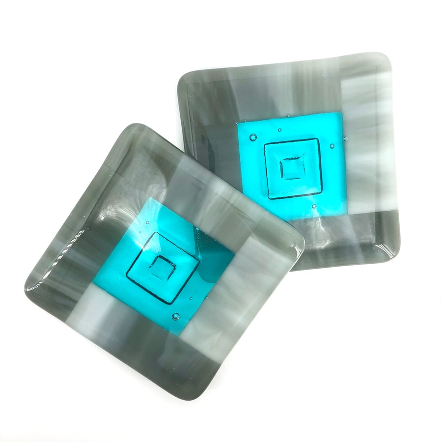 A Gorgeous pair of Grey & Teal Fused Glass Coasters with an Embossed Square