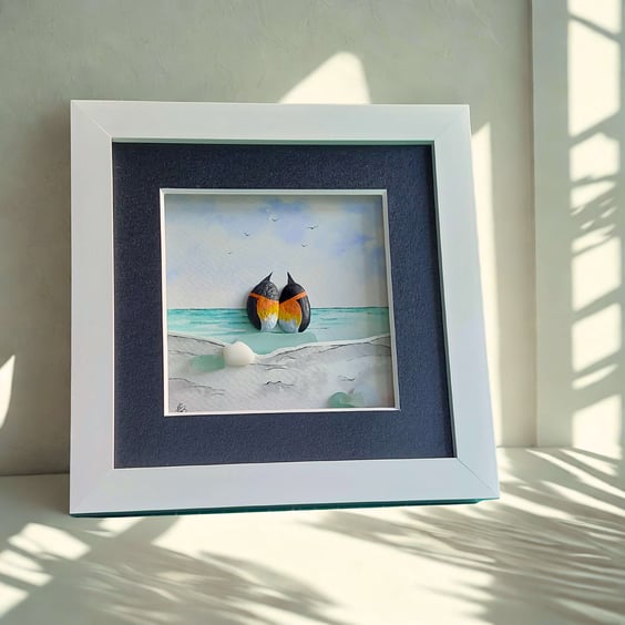 Pebble Penguin Watercolour Art - Coastal Painting with Beachcombing Finds