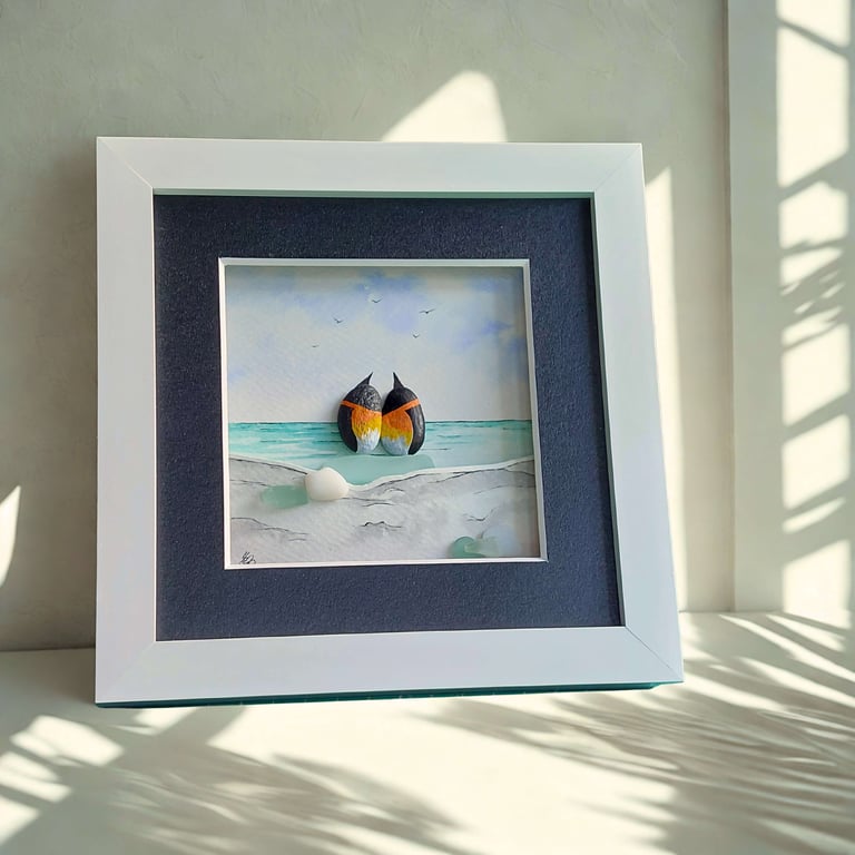Pebble Penguin Watercolour Art - Coastal Painting with Beachcombing Finds