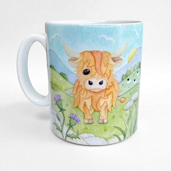 Highland Cow Mug - Scottish Highland Watercolour Painting - Sheep, Coo, Thistle