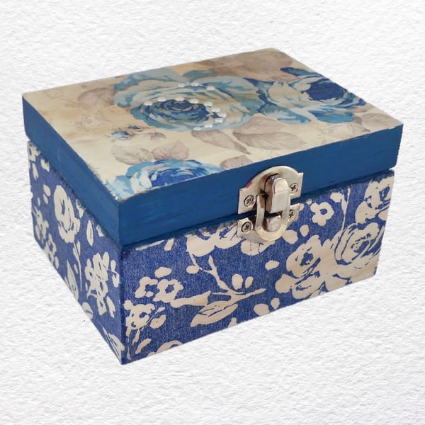 Blue Flower: Decoupaged Wooden Trinket Keepsake Box 12cm (4.75”)