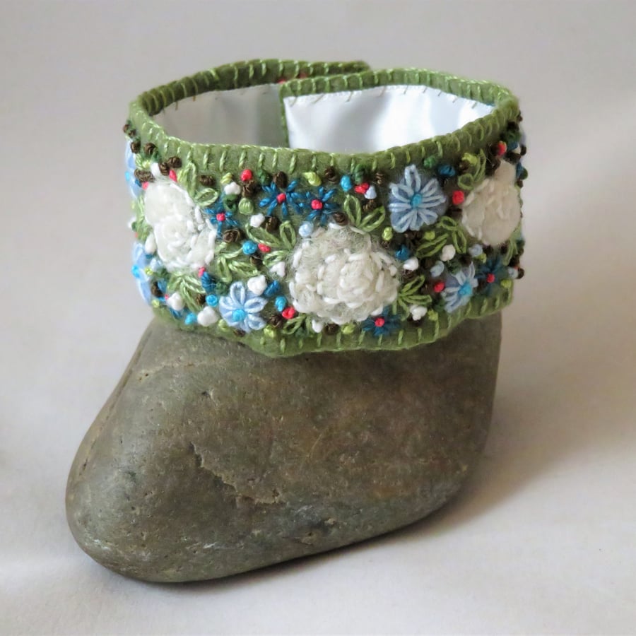 SALE - Embroidered and Felted Cuff - White Roses and blue anemonies