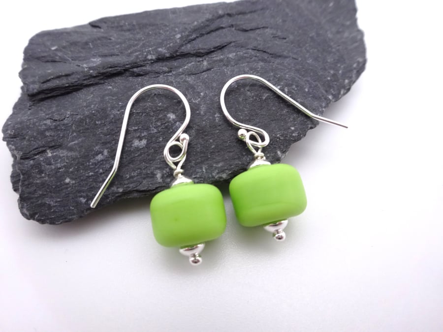 lime green small lampwork glass earrings