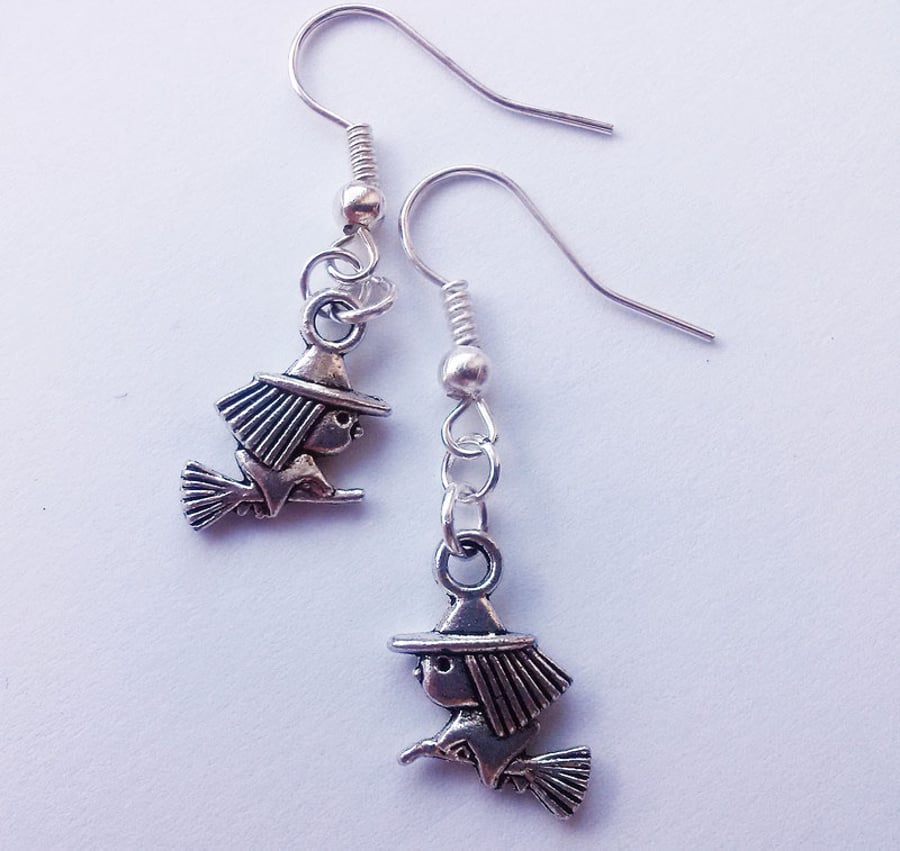Silver Plate Flying Witch Earrings Wicca Pagan New Age