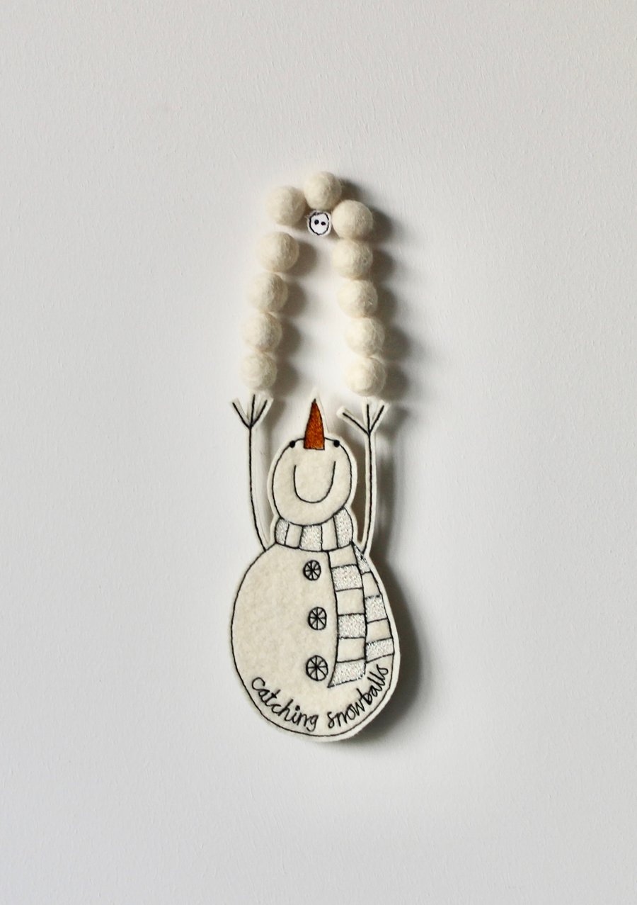 Special Order for Carole - 'Catching Snowballs' Snowman - Hanging Decoration