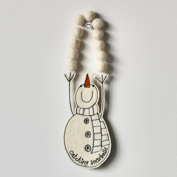 Special Order for Carole - 'Catching Snowballs' Snowman - Hanging Decoration