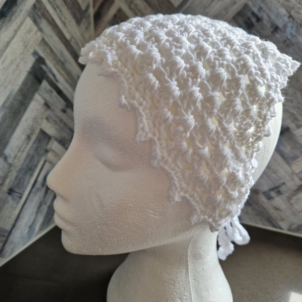 White cotton festival hair bandana - handmade crochet