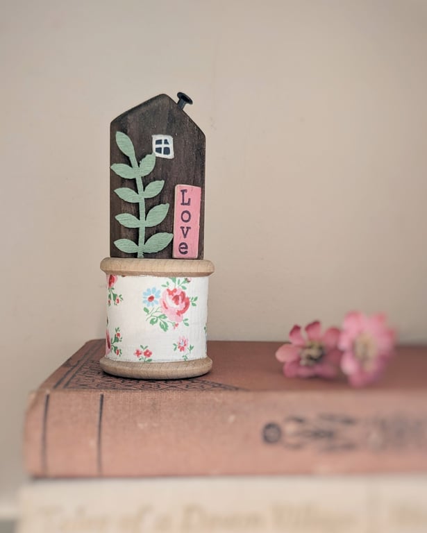 Little Wooden House on a Vintage Bobbin 'Love' 