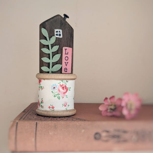 Little Wooden House on a Vintage Bobbin 'Love' 