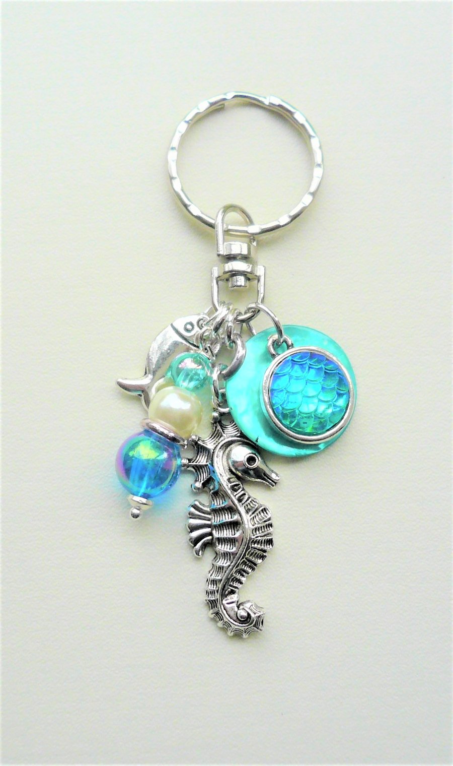 Aqua Blue Iridescent Mermaid Scale Silver Seahorse Keyring Bag Charm  KCJ2304