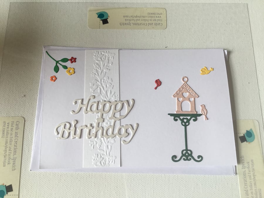 Birthday card. Garden. Birds. Handmade card. Bird table.  23007