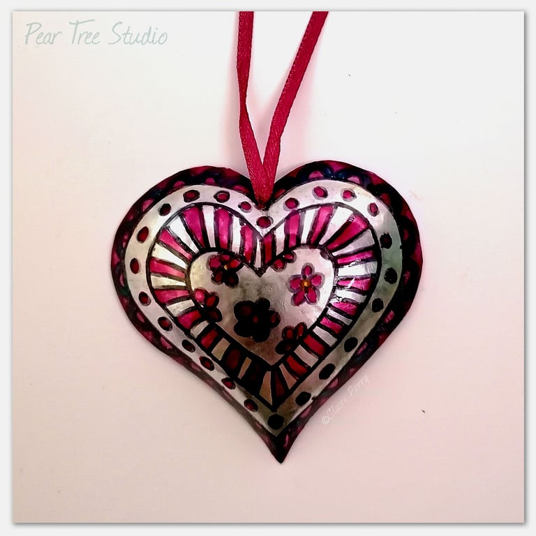 Handmade Small Pink Metal Heart hanging decoration. 