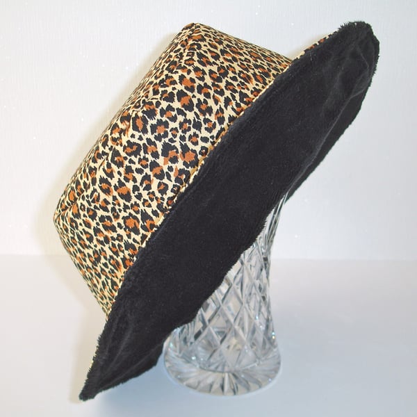 Leopard Print Hat Black Fluffy Faux Fur Reversible