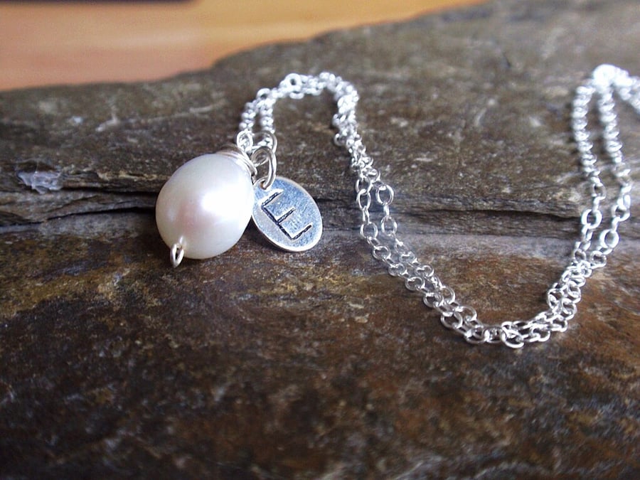 Personalised pearl necklace with sterling silver initial charm, Mothers Day gift