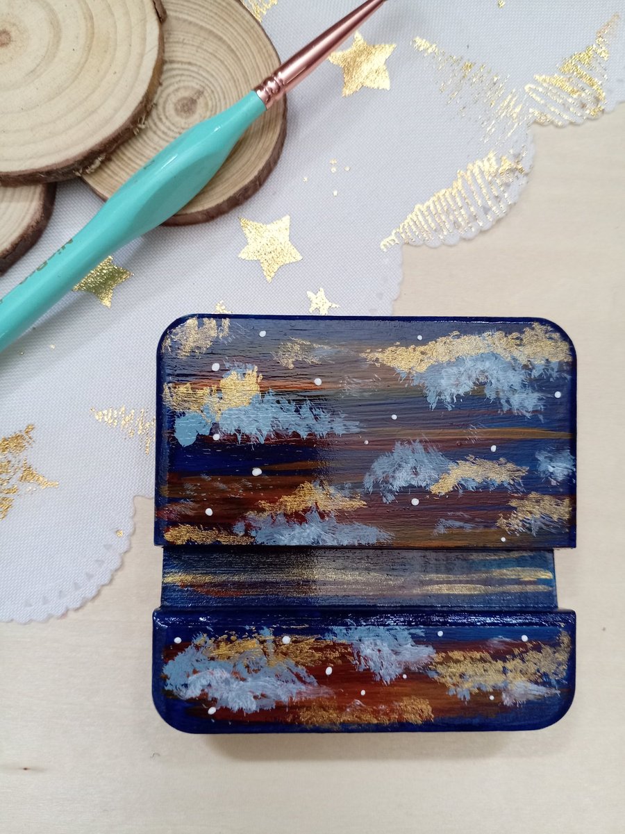Hand painted dark sky wooden phone stand