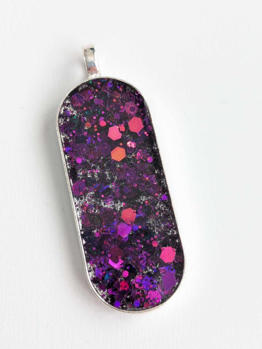 Long Oval Pendant With Deep Purple Glitter