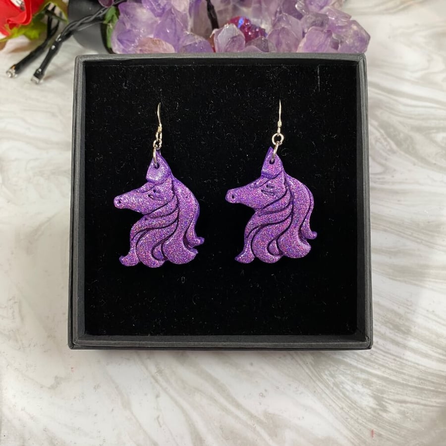 Purple unicorn glitter polymer clay statement earrings on sterling silver
