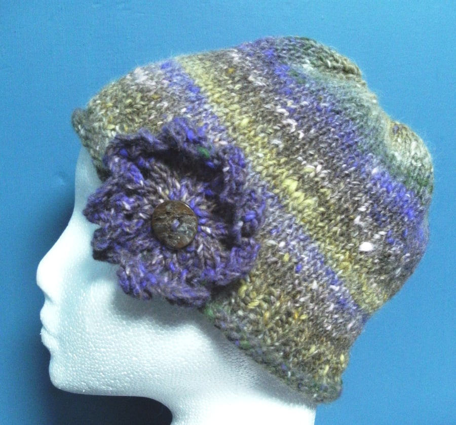 Handknit NORO BIG FLOWER Hat Purples & Greens MEDIUM