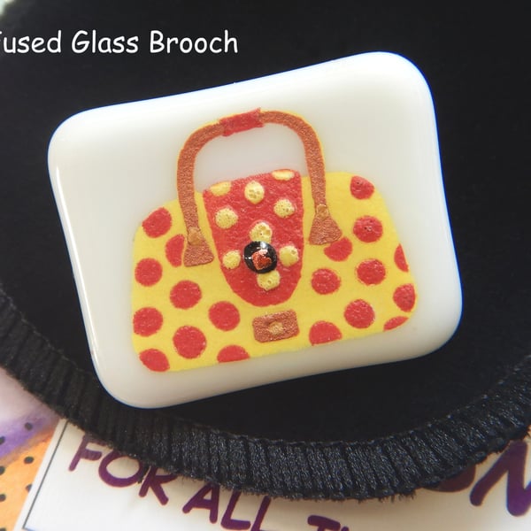 HANDMADE FUSED DICHROIC GLASS 'RED & YELLOW HANDBAG' BROOCH.