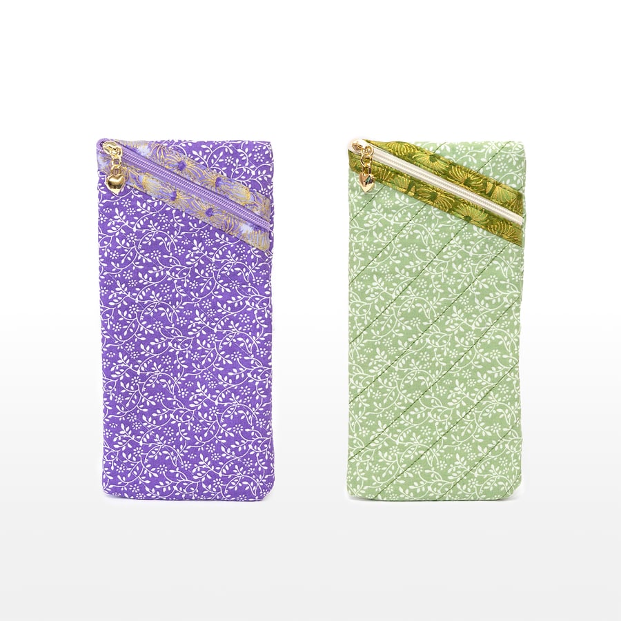 Green or Purple Glasses Case Floral Vine Print Zipped