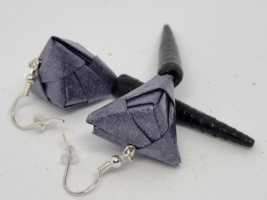 Dark blue purple pearlescent and black paper earrings 