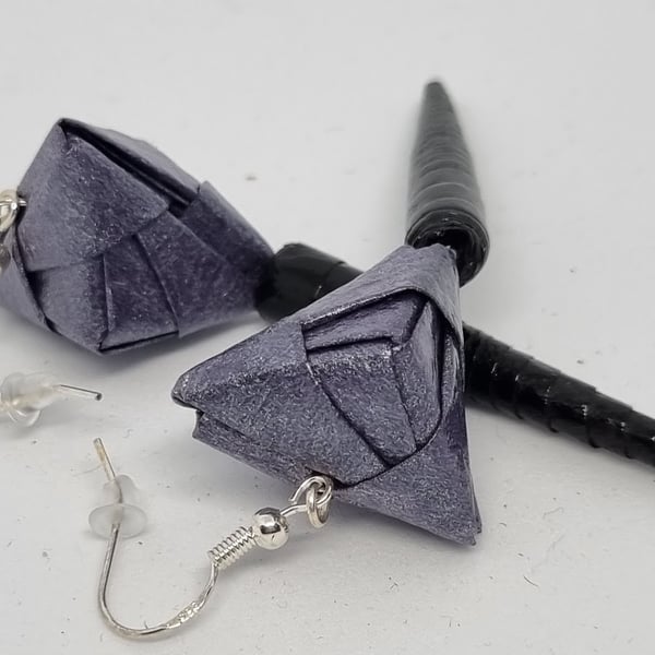 Dark blue purple pearlescent and black paper earrings 