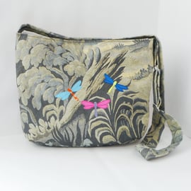 Fabric shoulder bag in Plantasia fabric with appliqued dragonflies
