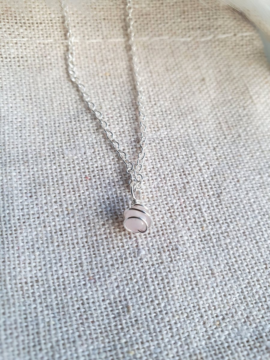Tiny rose quartz gemstone and recycled sterling silver spiral necklace
