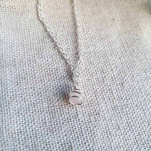 Tiny rose quartz gemstone and recycled sterling silver spiral necklace