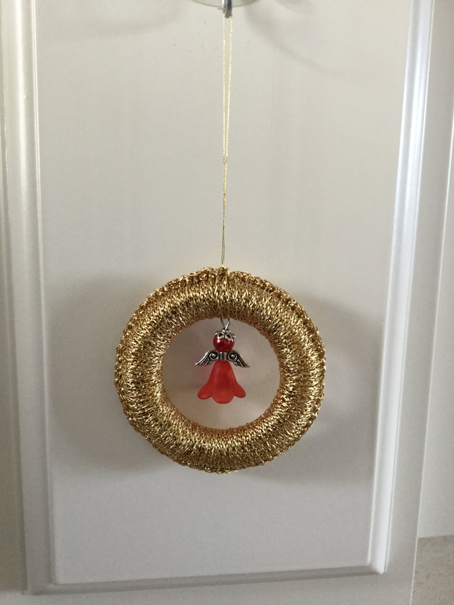 Gold Christmas Tree Decoration with Beaded Angel 