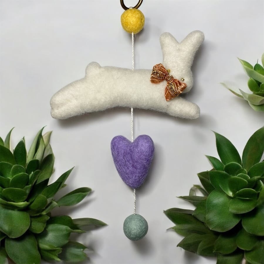 Felted small bunny hanging with coloured felt balls and heart