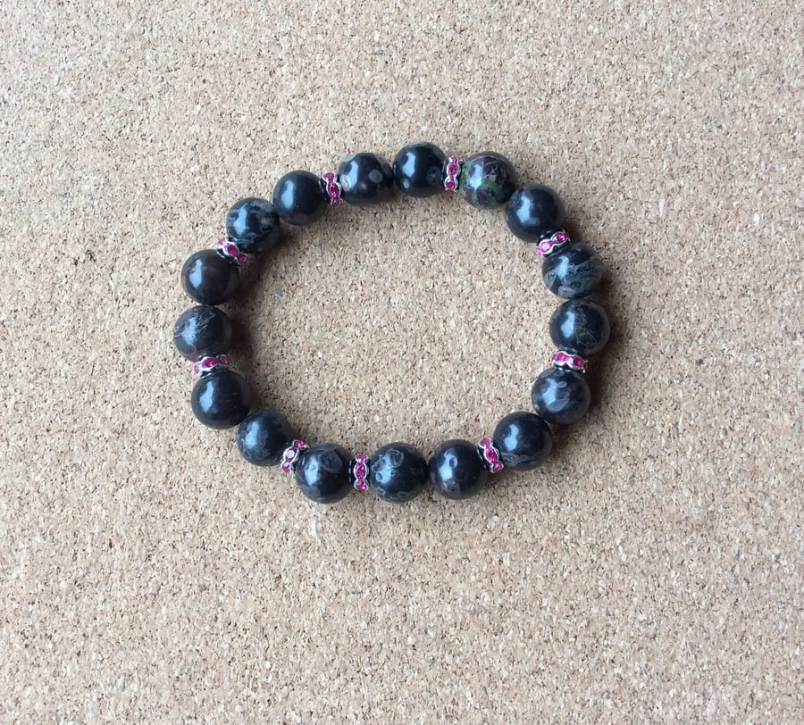 A Stretchy Bracelet made with Jasper & Pink Rhinestone Spacers