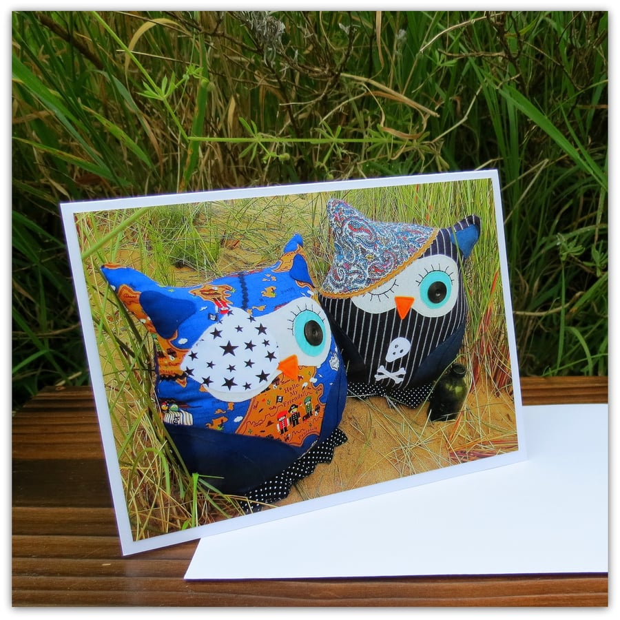 Pirate owls, sand dunes.  A card left blank for your own message.