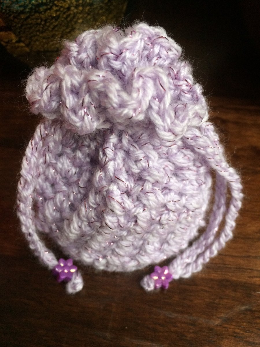 Hand Crocheted Luxury Purple Sparkly Drawstring Bag Handbag Coin Money Purse
